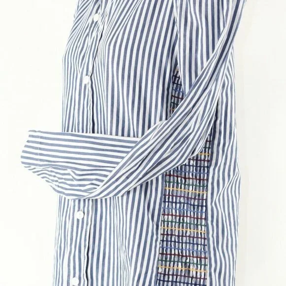 Greyson $298 Sz M Blue White Striped Multi Smock Side Trend Cotton Shirt Top